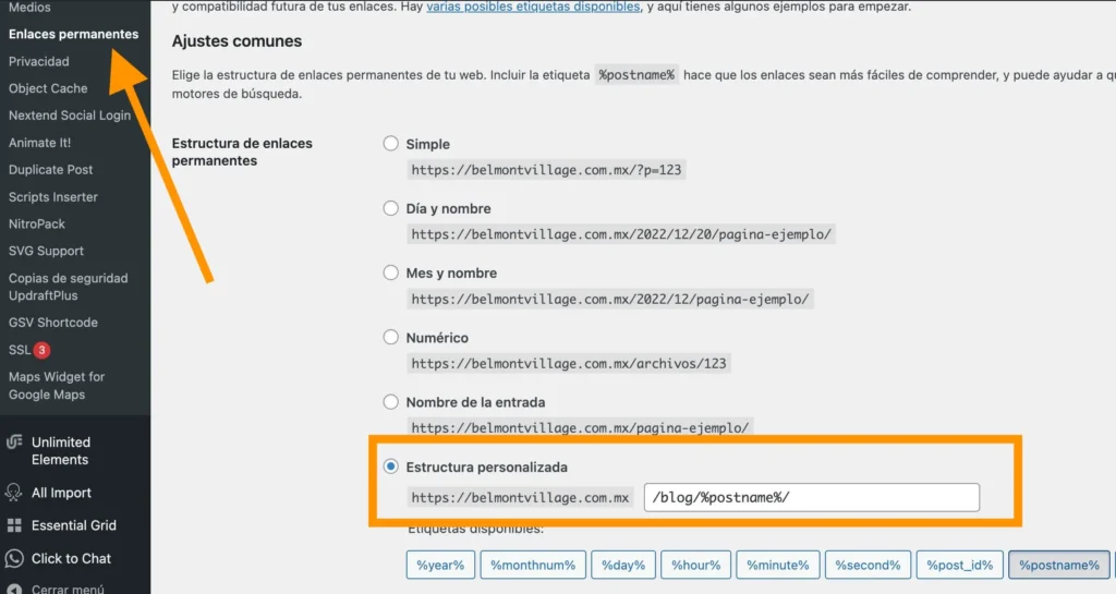 configura los enlaces permanentes
